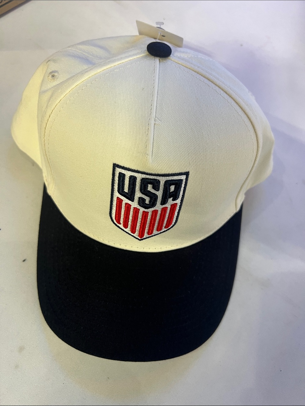 Licensed USA Soccer Baseball Cap - Embroidered Off White, Navy & Red